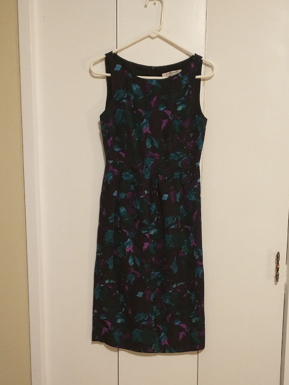 LK Bennett Black Silk Midi Pencil Dress with Teal and Purple Floral Print